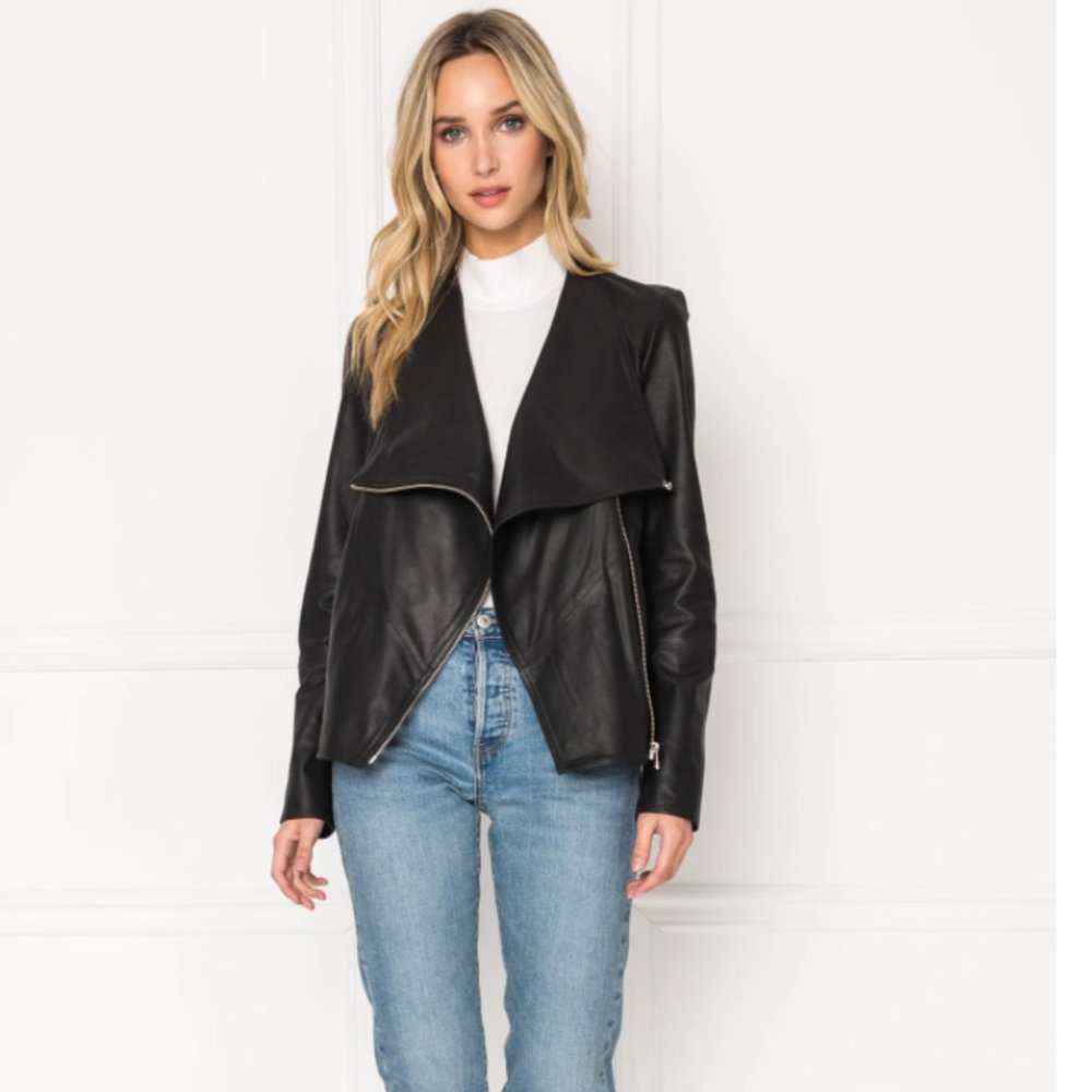 LAMARQUE Mira Drape Leather Jacket, XS Black NWT
